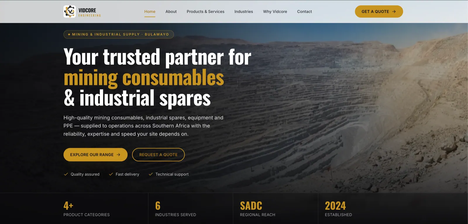 Vidcore Engineering website shown on a desktop screen