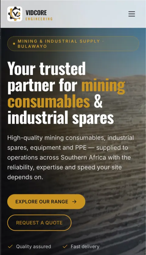 Vidcore Engineering website on a mobile phone